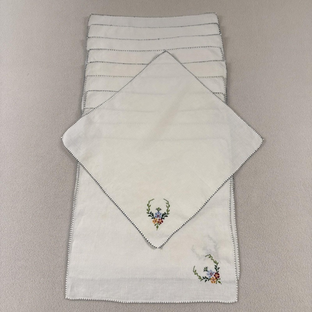 Vtg White Dinner Napkins Linen Cotton Embroidered Cross Stitch Blanket Edge 11